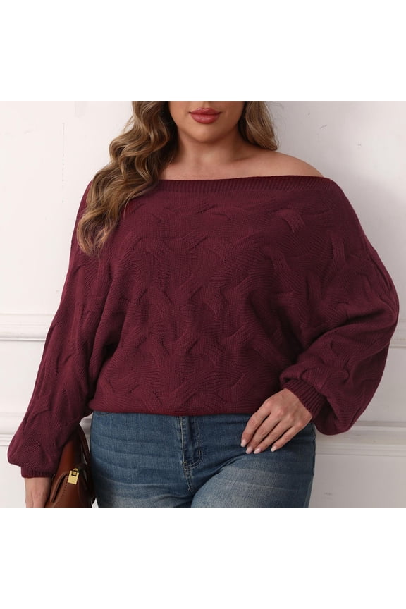Womens Plus Size Sweater Loose Fit Off Shoulder Long Sleeve Fall Trendy Pullover Wine L