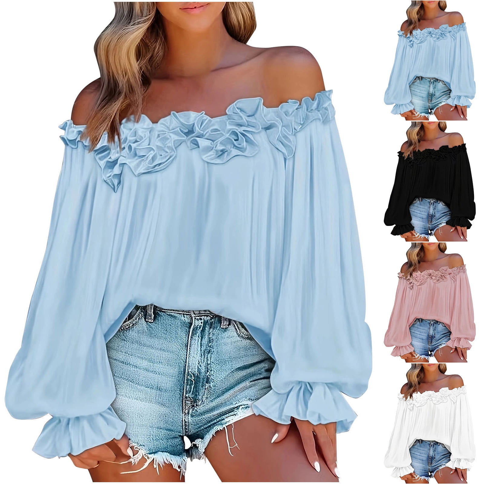 WAVSUF Womens Plus V Neck Tee Off Shoulder Long Puff Sleeve Soft