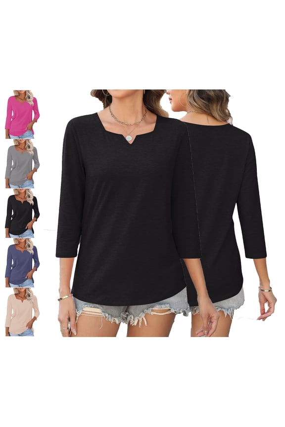 Womens V Neck Shirt Skinny Fit Soft Breathable 3/4 Sleeve Fall Daily Basic Tee Blue XXL