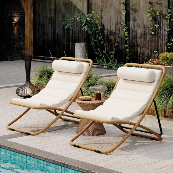 WAWOKV 2-Piece Outdoor Folding Chair, Rattan-Wrapped Patio Chair with 2-Position Adjustable Backrest, Thick Cushion & Detachable Headrest for Poolside, Beach, Backyard, Deck and Camping