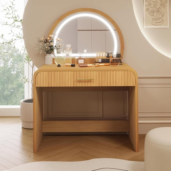WAWOKV 39" Minimalist Makeup Vanity Table with Semicircle Mirror, Wood Modern Dressing Table with Touch Screen Lighted Mirror & Storage Drawer & Curved Edges for Bedroom (Natural)