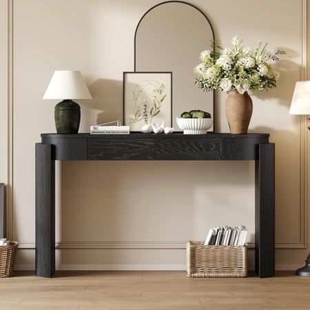 WAWOKV 55" Sofa Table with Oval Top and 2 Drawers, Entryway Console Table with Fluted Design for Hallway,Foyer,Entry and Living Room (Easy Assembled-Black)