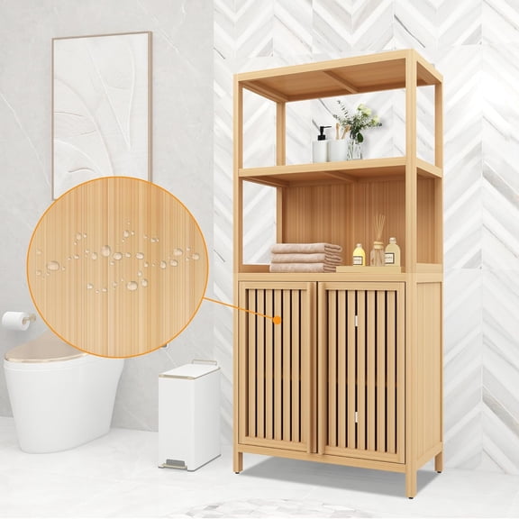 WAWOKV Bamboo Bathroom Storage Cabinet – Freestanding Floor Organizer with 2 Doors for Living Room, Kitchen & Entryway