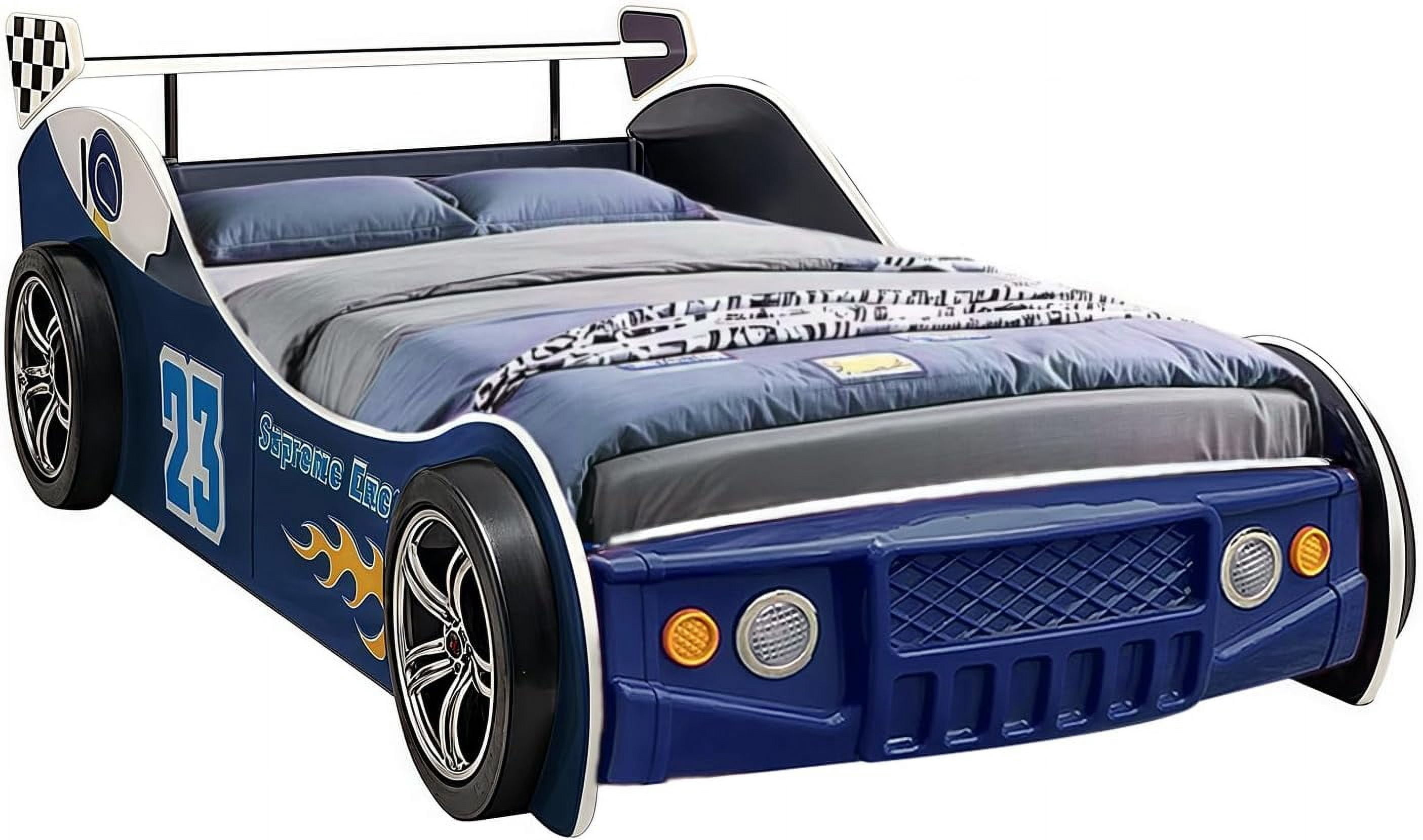 WAWOKV Car Bed Twin Size for Kids, Race Car Shaped Wooden Platform Bed Frame with Headboard Wheels and Support Slats for Boys Toddlers Child's Bedroom (Blue)