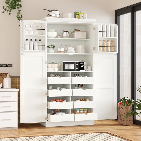 WAWOKV Kitchen Pantry Cabinet, 70.9" Tall Cupboard Storage Cabinet with Adjustable Shelves and Door Shelves, Freestanding Kitchen Hutch with 8 Pull-Out Trays for Dining Room Living Room, White