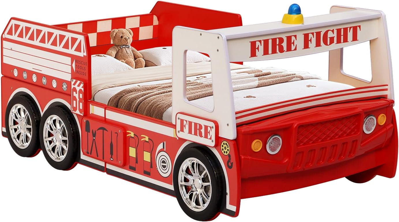 WAWOKV Twin Size Car Bed for Kids, Fire Truck-Shaped Wooden Platform Bed Frame with LED Lights, Headboard Wheels and Support Slats for Boys Toddlers Child's Bedroom (Red)