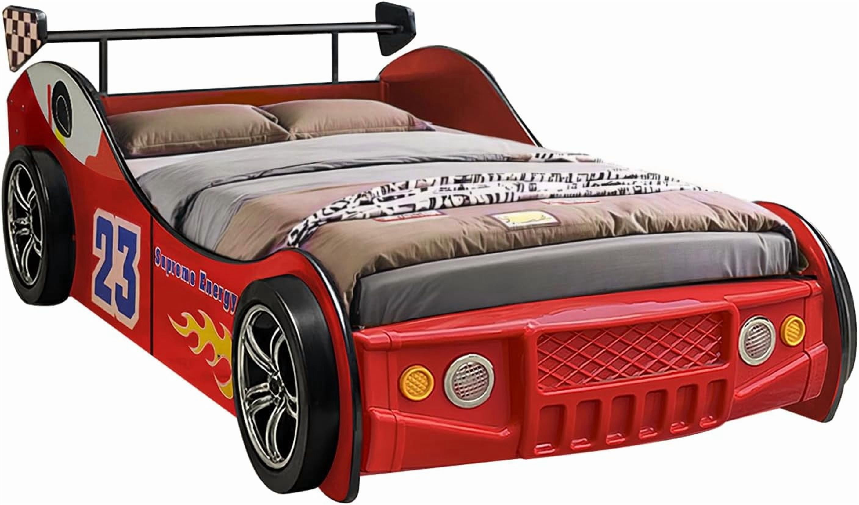 WAWOKV Twin Size Car Bed for Kids, Race Car-Shaped Wooden Platform Bed Frame with Headboard Wheels and Support Slats for Boys Toddlers Child's Bedroom (Red)