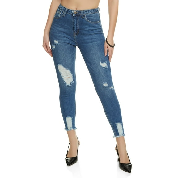 Womens WAX Distressed Frayed Hem Skinny Jeans