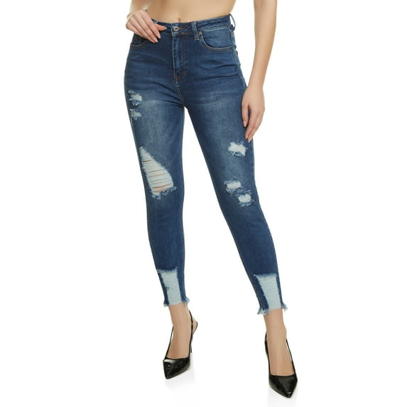 Womens WAX Distressed Frayed Hem Skinny Jeans