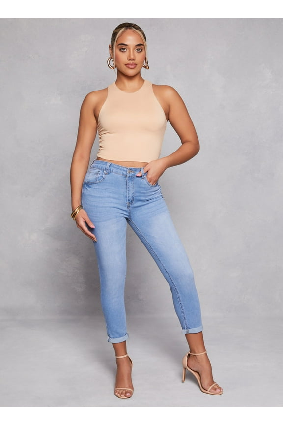 Womens WAX High Waist Rolled Cuff Denim Jeans