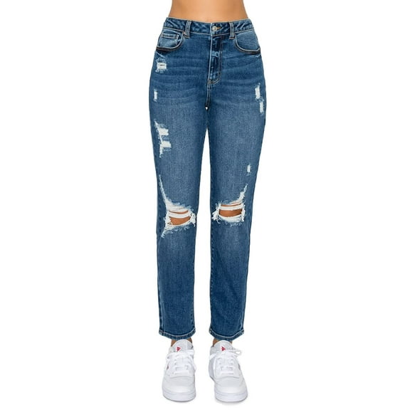 WAX JEAN Women's Mom Jean with Blown Out Knee, Dark, 7