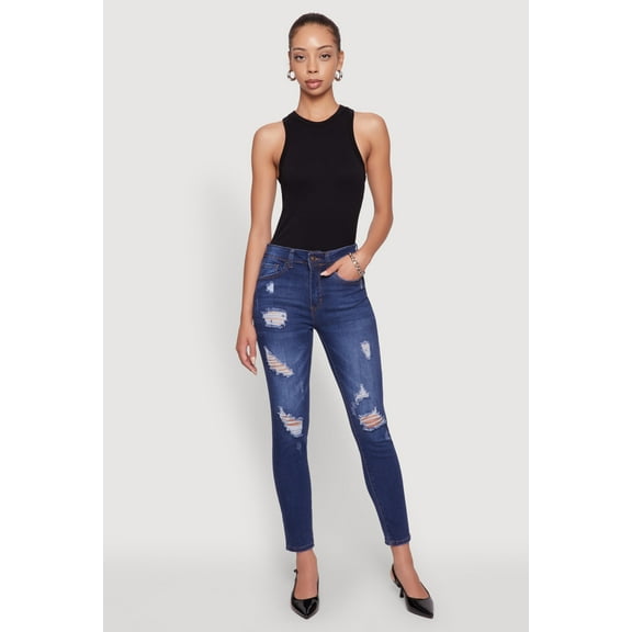 Womens WAX Mid Rise Distressed Jeans