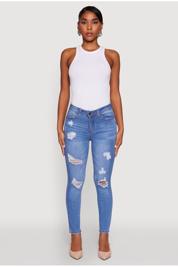 Womens WAX Mid Rise Distressed Jeans
