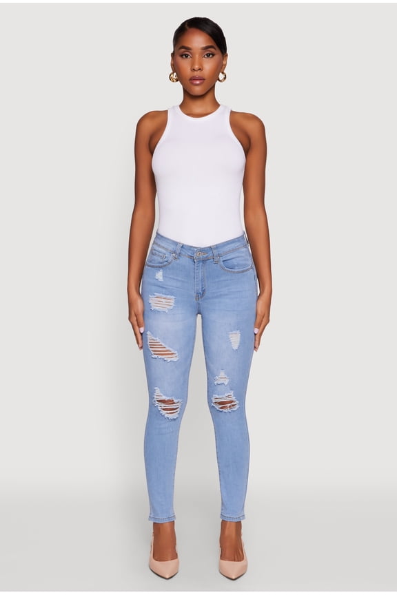 Womens WAX Mid Rise Distressed Jeans