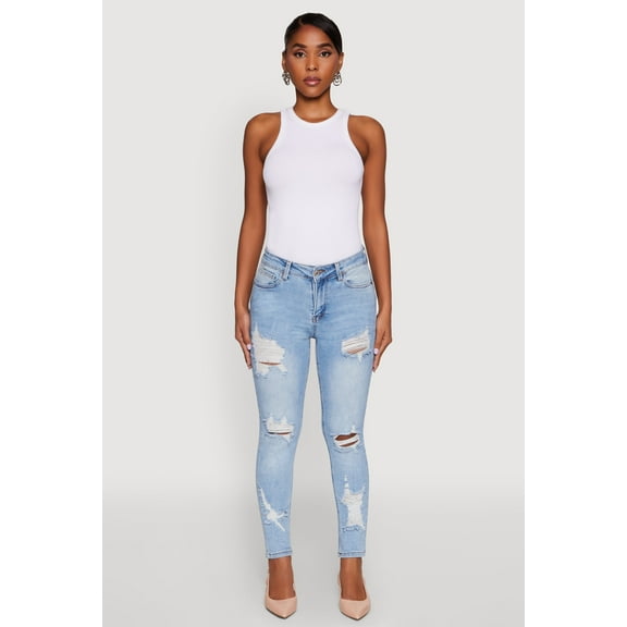 Womens WAX Ripped Rolled Cuff Skinny Jeans