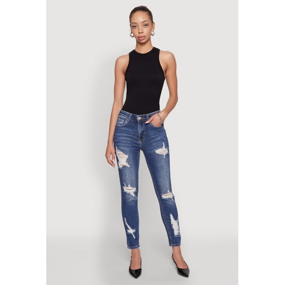 Womens WAX Ripped Rolled Cuff Skinny Jeans