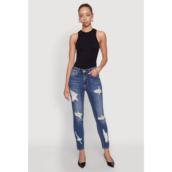 Womens WAX Ripped Rolled Cuff Skinny Jeans