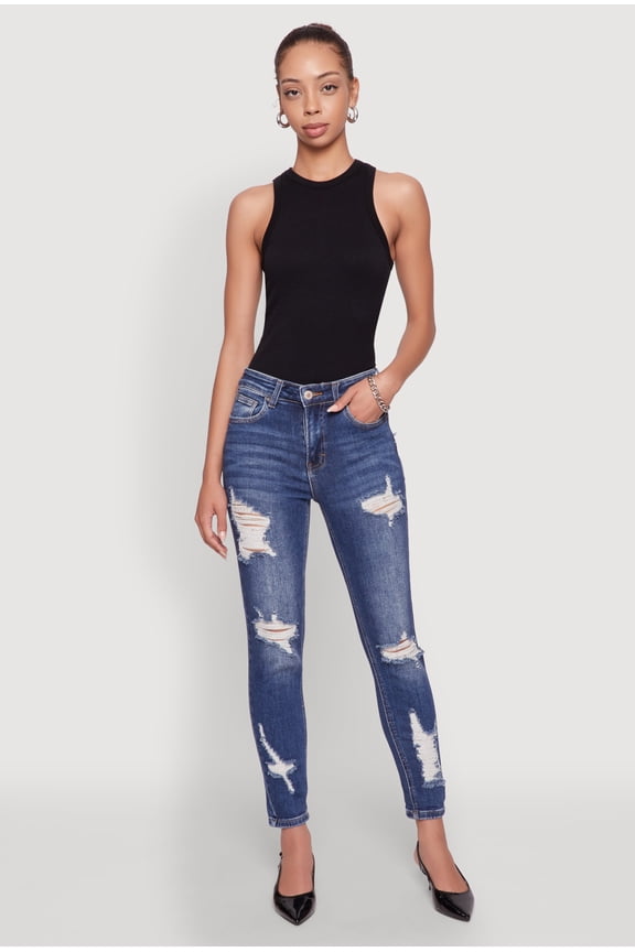 Womens WAX Ripped Rolled Cuff Skinny Jeans