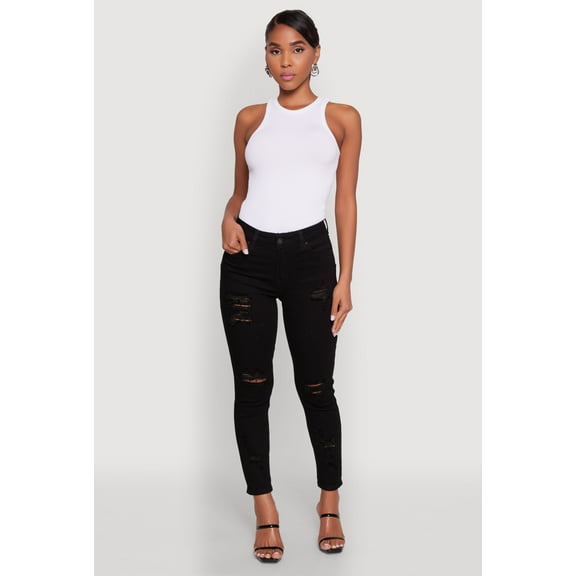 Womens WAX Ripped Rolled Cuff Skinny Jeans