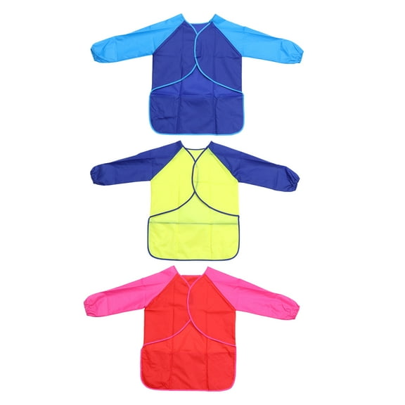 WAXIAYU 3PCS Childrens Smock Water Resistant Artist Painting Aprons Long Sleeve Aprons with 3 Pockets for Kids 3- 8 Years ( Red Royalblue Yellow )