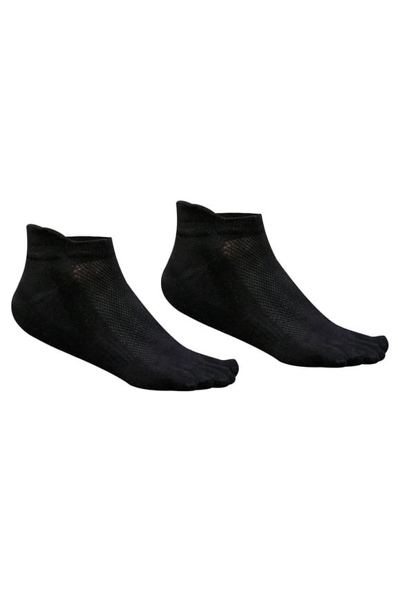 Men Cotton Low Cut Athletic Running Toe Socks 5 Finger No Show Mesh Wicking (Black)