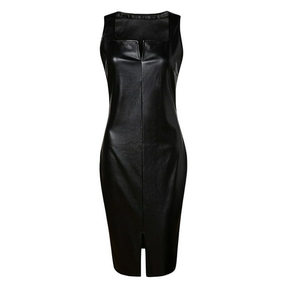 WAXIAYU Women's Pu Leather Sleeveless Bodycon Pencil Party Zipper Dress Cocktail Midi Bodycon Dress Size XXL (Black)