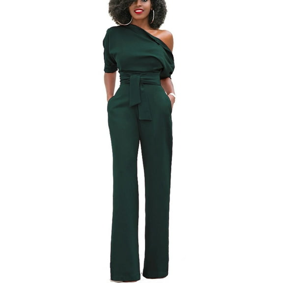 WAXIAYU Women's Sexy Casual One Shoulder Solid Color Short Sleeve Wide Leg Long Pants Oblique Collar With Belt Jumpsuit Romper - Size M (Olive Green)