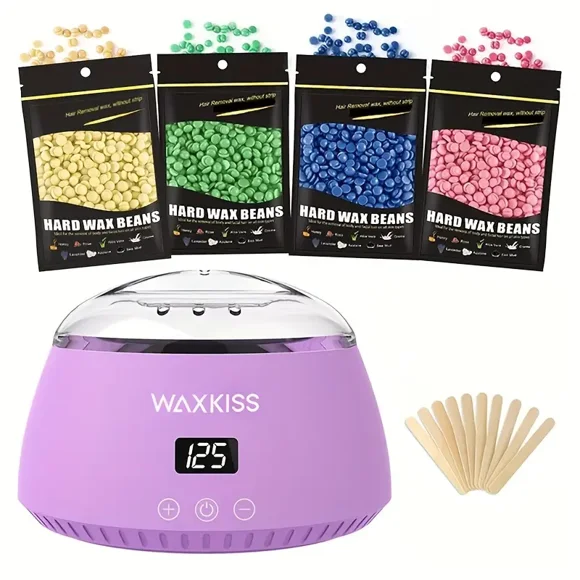 WAXKISS Wax Heater Kit with 4 Packs of Hair Removal Wax Beans & 10 Small Wooden Sticks, Ideal for Home Use, Effective for Eyebrows, Face, Underarms, Brazilian, Bikini, Legs – All Skin Types，Purple