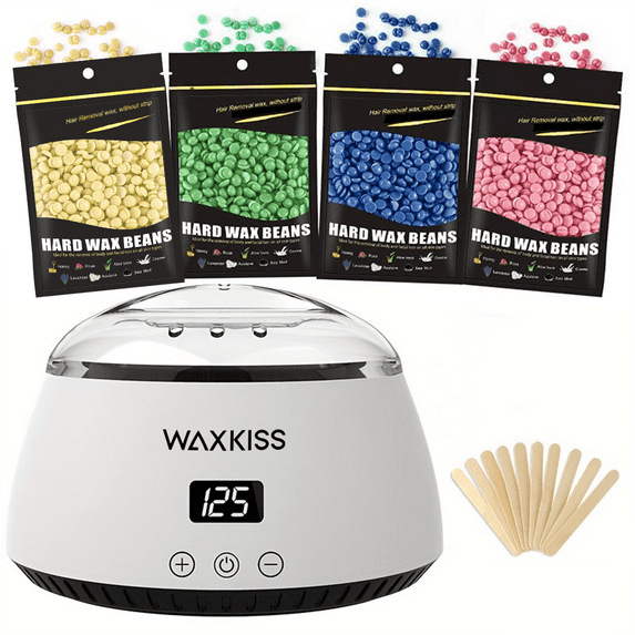 WAXKISS Wax Heater Kit with 4 Packs of Hair Removal Wax Beans & 10 Small Wooden Sticks, Ideal for Home Use, Effective for Eyebrows, Face, Underarms, Brazilian, Bikini, Legs – All Skin Types