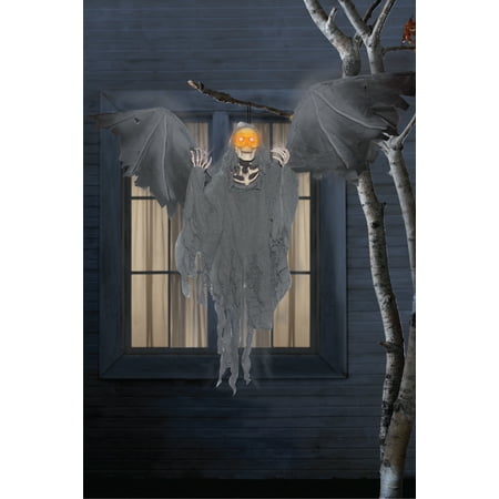 WAY TO CELEBRATE! Hanging Animated Wing Reaper Outdoor Halloween Décor, 36 in Tall Black and Grey Color Fabric