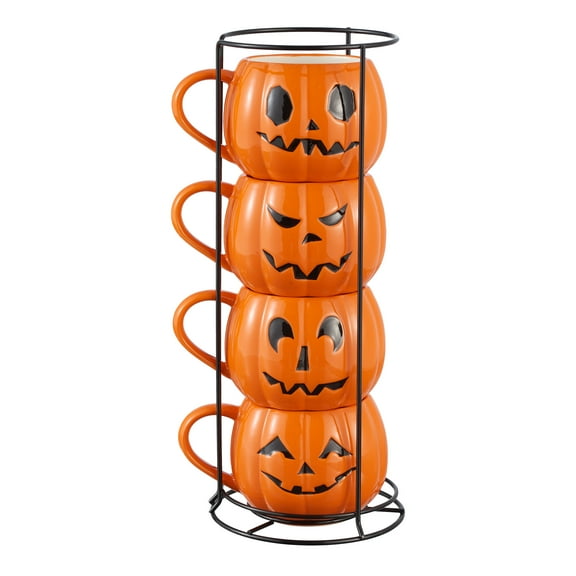 Halloween 13-Ounce Orange Pumpkin Stoneware Stackable Mug Set with Iron Rack, by Way To Celebrate