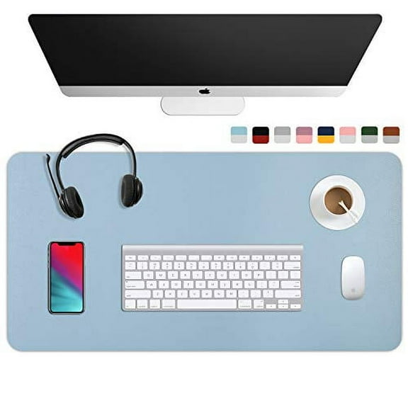 WAYBER Dual Sided Desk Pad (31.5 x 15.7"), Waterproof Leather Office Desk Mat, PU Mouse Pad, Desk Cover Protector, Desk Writing Mat for Office/Home/Work/Cubicle (Light Blue/Silver)