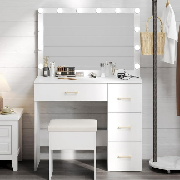 WAYES Makeup Vanity Set with Lighted Mirror, Charging Station, and Storage Stool, 4 Drawers Large Vanity Desk for Bedroom, White
