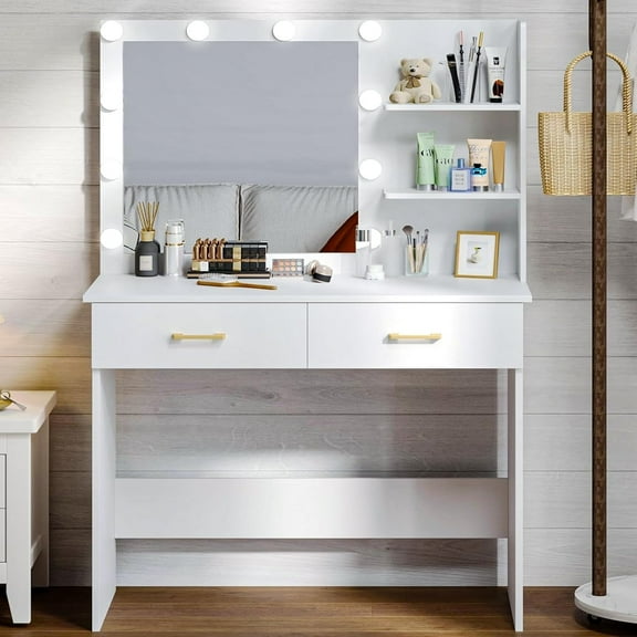 WAYES Vanity Desk with Mirror and Lights, Storage Drawers, and Shelves - 3-Foot Makeup Table for Bedroom, White