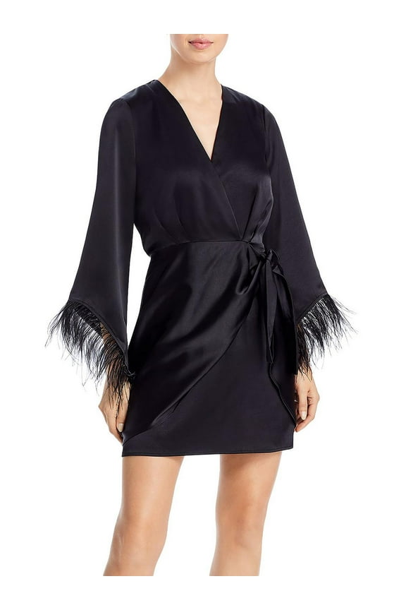 Womens Faux Feather Trim Mini Wrap Dress