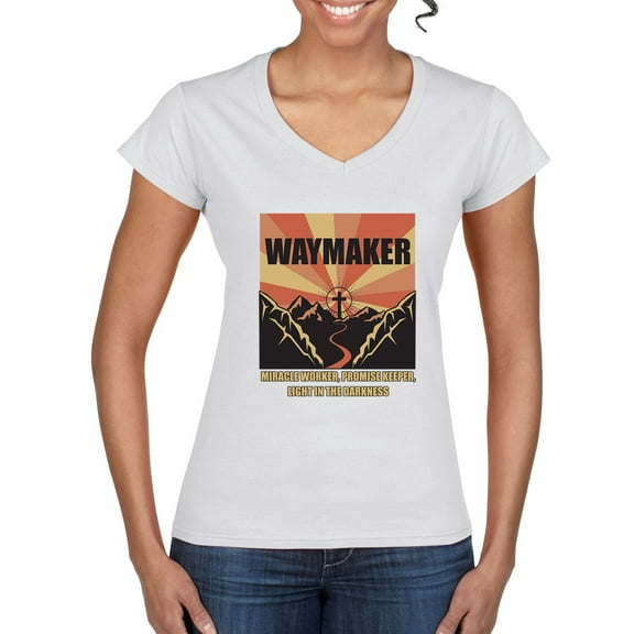 WAYMAKER Miracle Worker Promise Keeper Inspirational/Christian Women's Standard V-Neck Tee, White, Medium