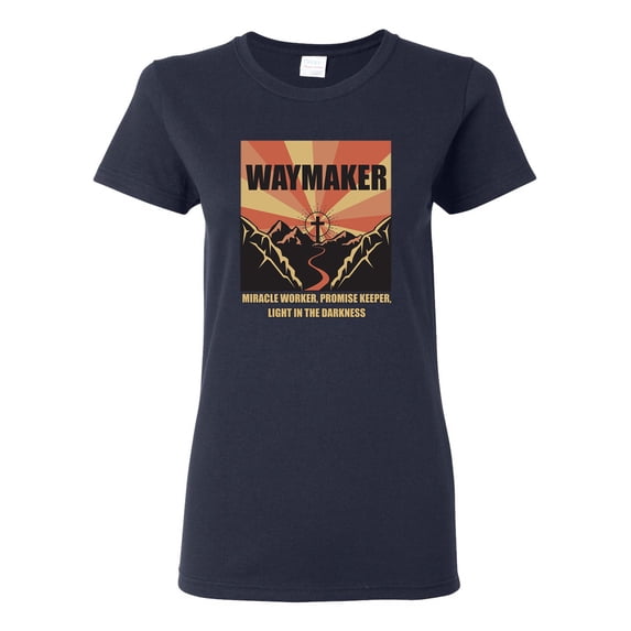 WAYMAKER Miracle Worker Promise Keeper Inspirational/Christian Womens Graphic T-Shirt, Navy, Large