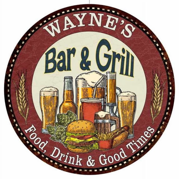 WAYNE'S Bar and Grill 12" Round Metal Sign Kitchen Wall Decor 200120020237