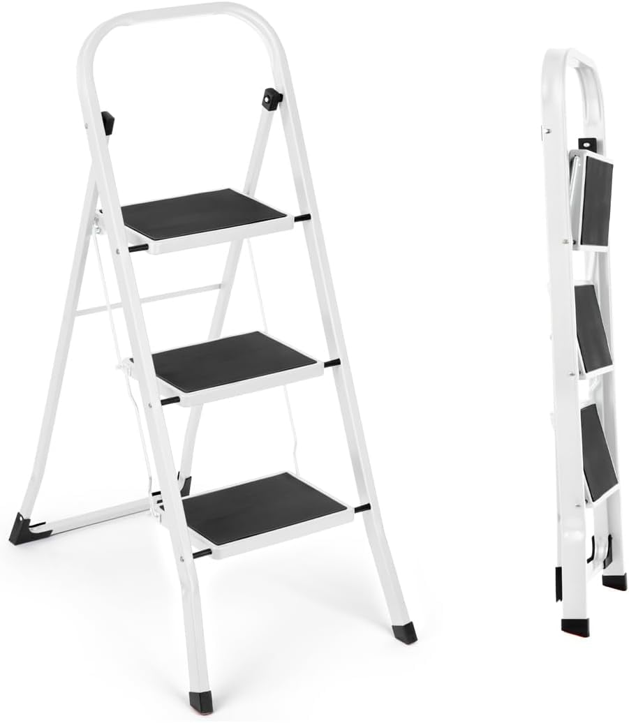 WAYPLUS 330lb Capacity 3 Step Steel Ladder, Folding Portable Step Stool w/ Non-Slip Feet, Rubber Pads