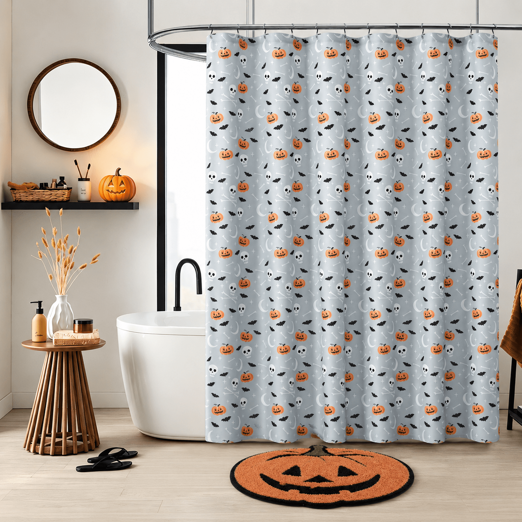 Way to Celebrate Skull & Bones 14-Piece Bath Set with Curtain, Bath Rug, and Hooks, 72" x 72" & 21" x 18"
