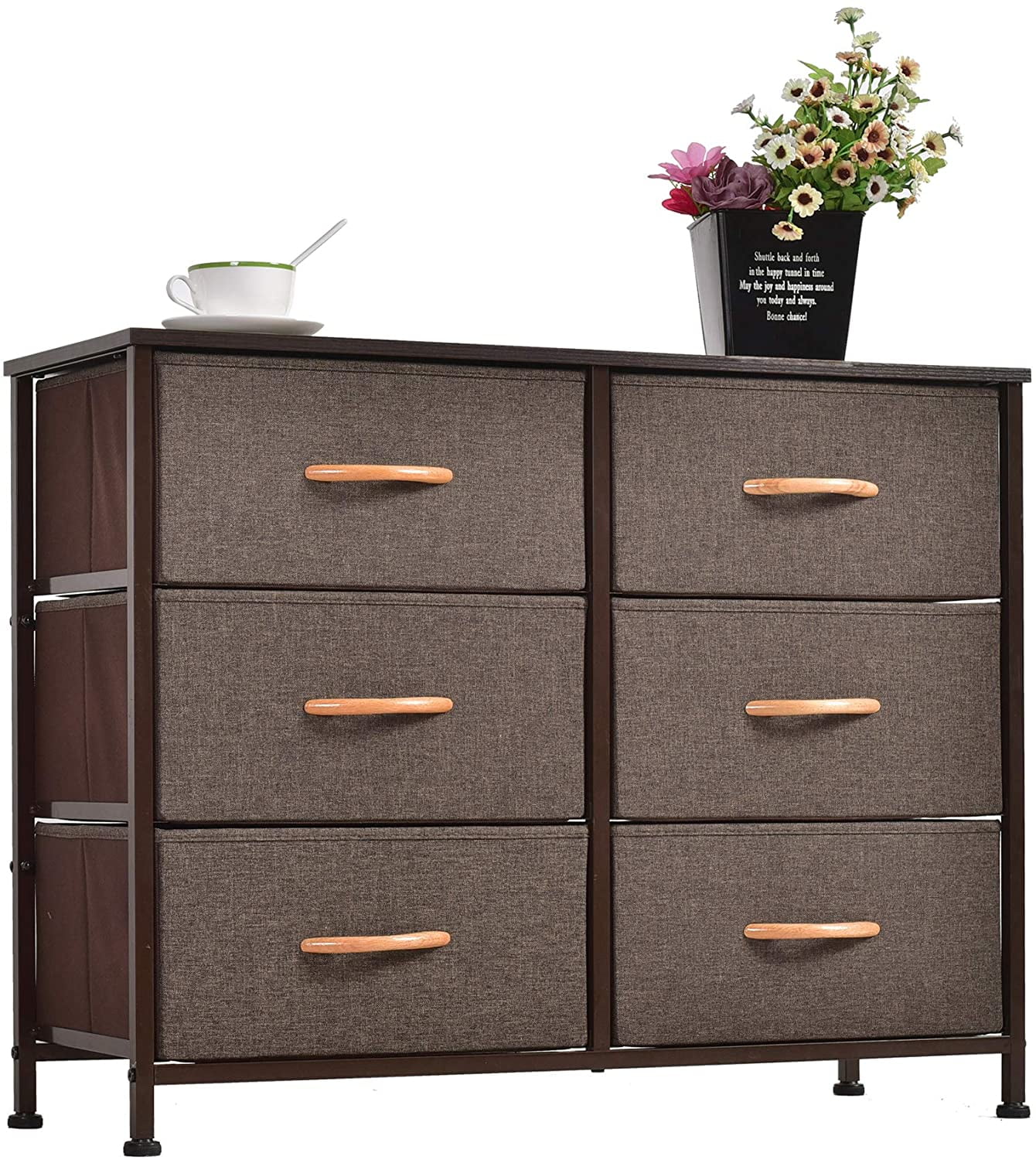 WAYTRIM Dresser Closet with 6 Drawers Storage Tower Unit for Bedroom Hallway Closet Office Organization Wood Top Easy Pull Fabric Bins Brown