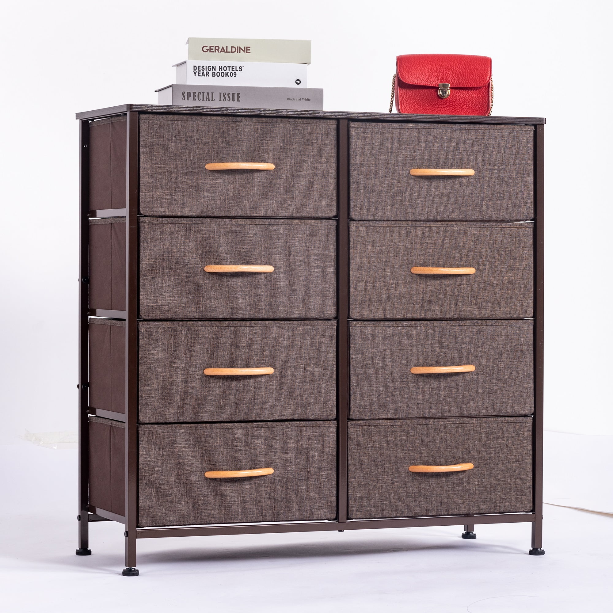 WAYTRIM Dresser for Bedroom Chest of 8 Drawers Storage Tower Steel Frame Closet Fabric Cabinet Organizer in Home Brown