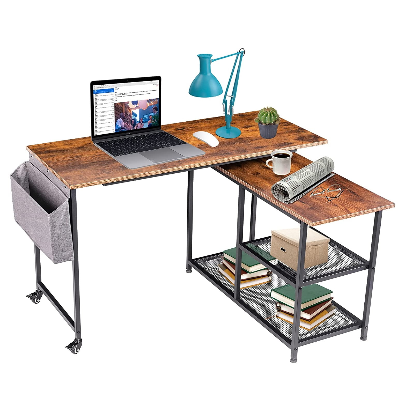 Lifefair L-Shaped Computer Desk Corner Home Office Desks Work Table with Multiple Shelves Drawer Brown