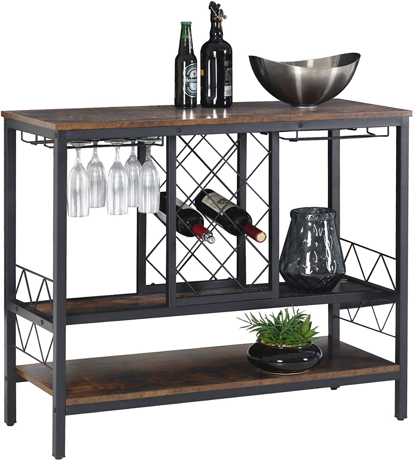 WAYTRIM Wine Rack Table with Glass Holder, Vintage Industrial Wine Bar