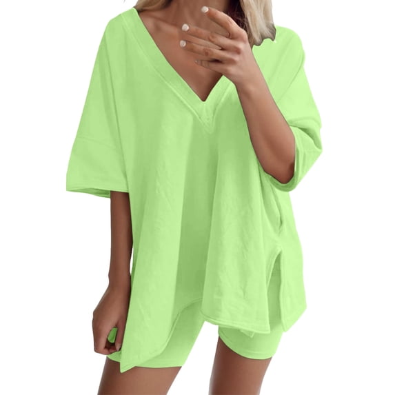 WAYUTE 2 Piece Sets for Women Oversized Oversized V Neck Short Sleeve T Shirt and Shorts Activewear Travel Baggy Matching Clothing