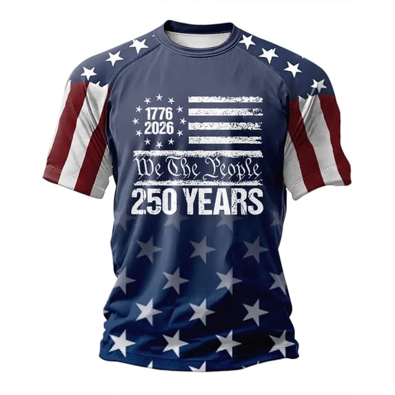 WAYUTE 250 Anniversary USA Shirt for Man National Flag Crew Neck Graphic Tee Top for Celebration Commemorative 4th of July T Shirts