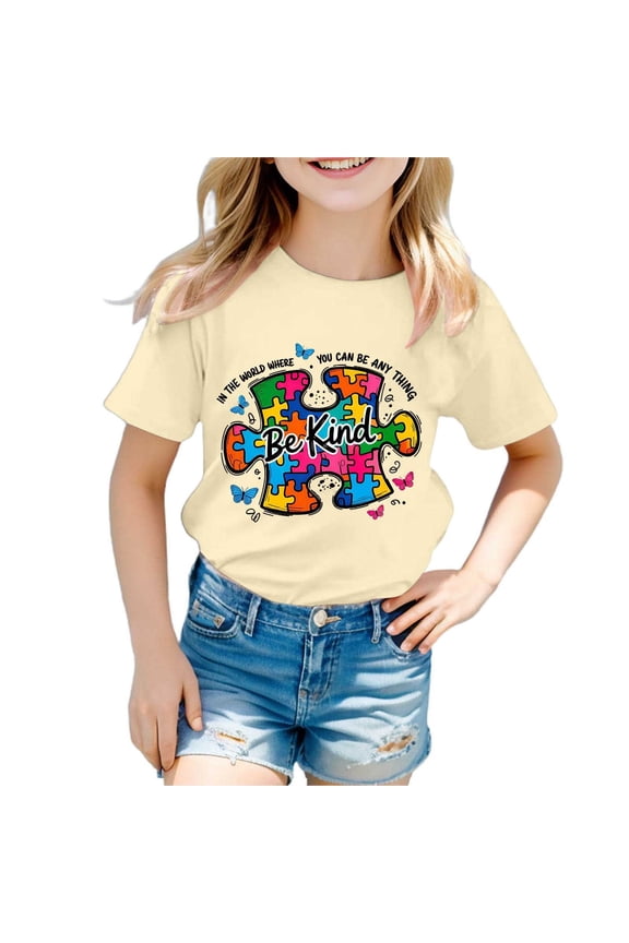Awareness Day Short Sleeve Graphic Tee for Kids Youth Girls Ribbed Blend T Shirts Lightweight Casual Outdoor