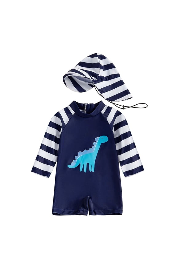 Baby Boy Swimsuit Long Sleeve Cartoon Printed Comfort Bathing Suit with Sun Cap for Toddler Playful Summer Beach Pool