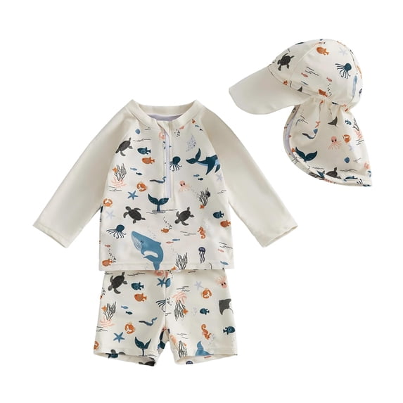 WAYUTE Baby Boy Swimsuit Long Sleeve Rash Guard Swim Trunk with Hat Set 3 Piece Toddler Bathing Suit Summer Beach Pool