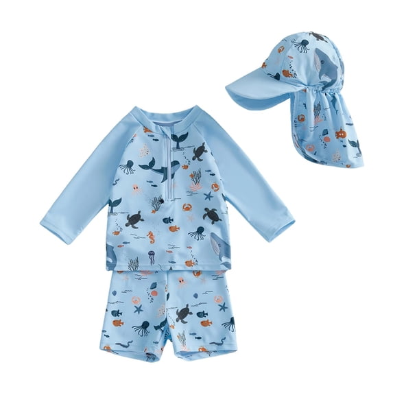 WAYUTE Baby Boy Swimsuit Long Sleeve Rash Guard Swim Trunk with Hat Set 3 Piece Toddler Bathing Suit Summer Beach Pool